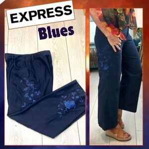 VTG Express Blues, Navy Cropped Pant w/Side Floral Embroidery, EUC, Size 6/8